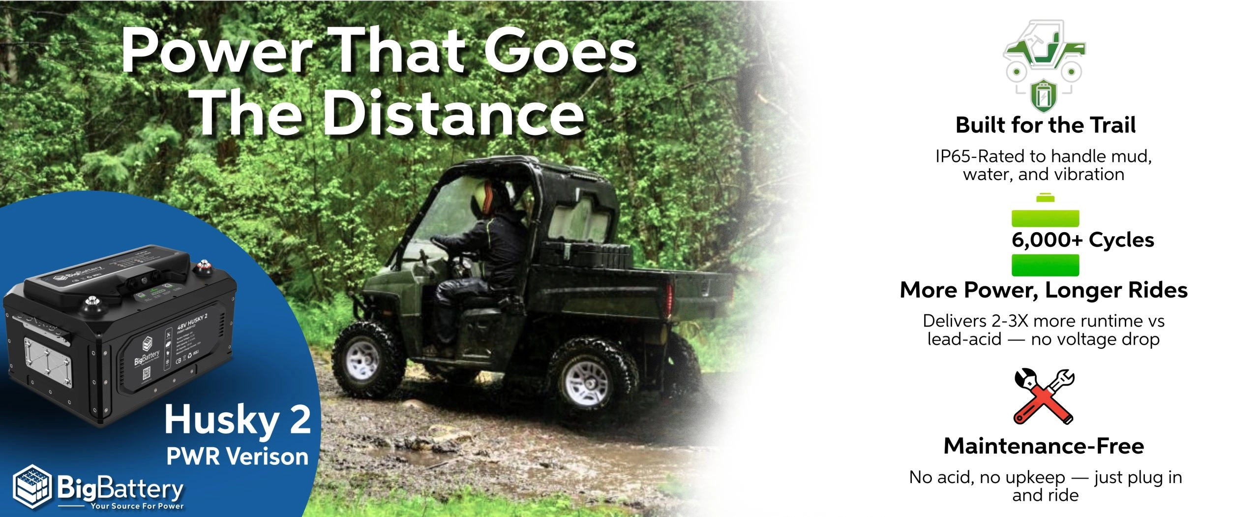 Power that goes the distance, built for the trail. IP65-rated to handle mud, water and vibration.
 More power, longer rides, 6000 cycles which delivers 2-3X more runtime vs lead-acid. Maintenance-Free, no acid, no upkeep — just plug in and ride