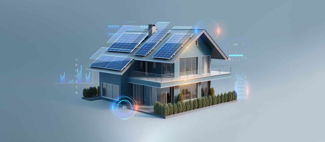 futuristic generic smart home with solar panels rooftop system for renewable energy concepts as wide banner with copyspace area - Generative AI
